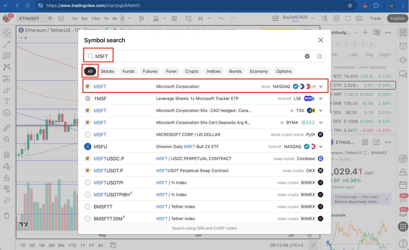 Buscando la coin MSFT en TradingView